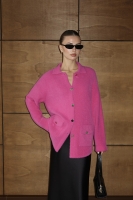 Angora Fuşya Düğmeli Uzun Triko Ceket