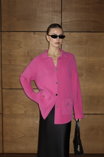 Angora Fuşya Düğmeli Uzun Triko Ceket